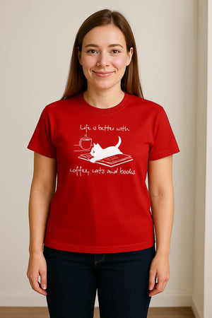Coffee Cats and Books T-Shirt, Life Is Better Sketch Graphic for Bookworms and Cat Lovers