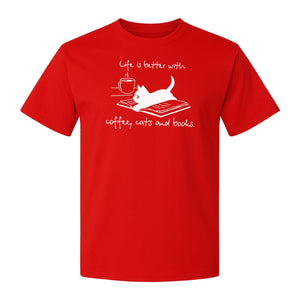 Coffee Cats and Books T-Shirt, Life Is Better Sketch Graphic for Bookworms and Cat Lovers