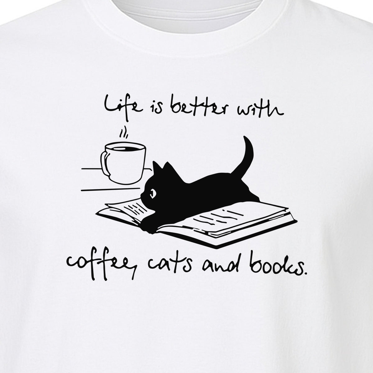 Coffee Cats and Books T-Shirt, Life Is Better Sketch Graphic for Bookworms and Cat Lovers