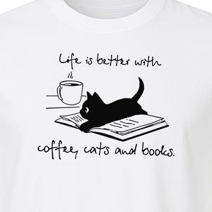 Coffee Cats and Books T-Shirt, Life Is Better Sketch Graphic for Bookworms and Cat Lovers