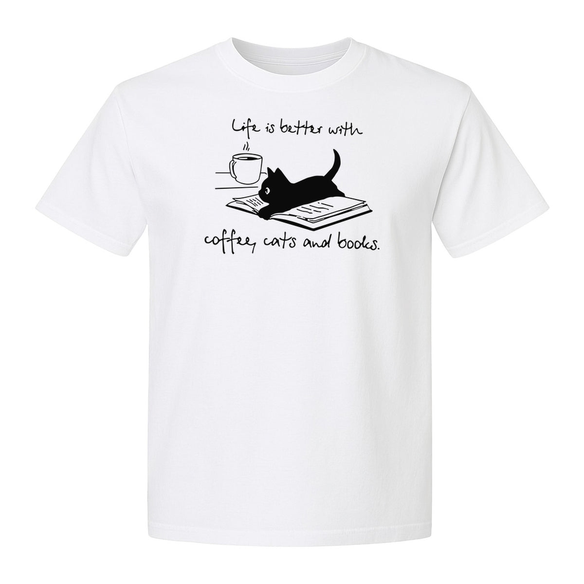 Coffee Cats and Books T-Shirt, Life Is Better Sketch Graphic for Bookworms and Cat Lovers