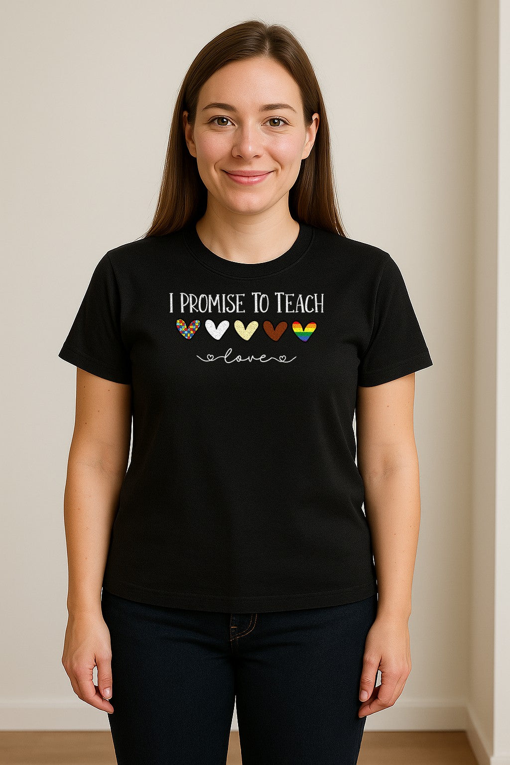 I Promise To Teach Love T-Shirt, Hearts Design for Educator Appreciation and Inclusive Classrooms