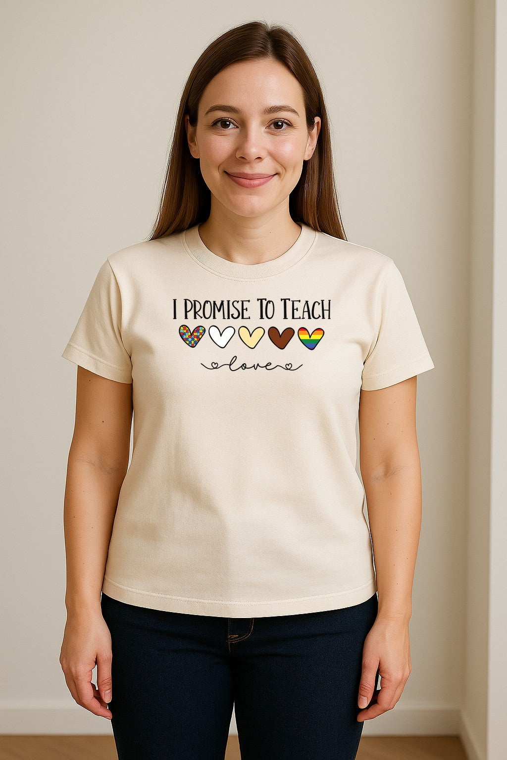 I Promise To Teach Love T-Shirt, Hearts Design for Educator Appreciation and Inclusive Classrooms