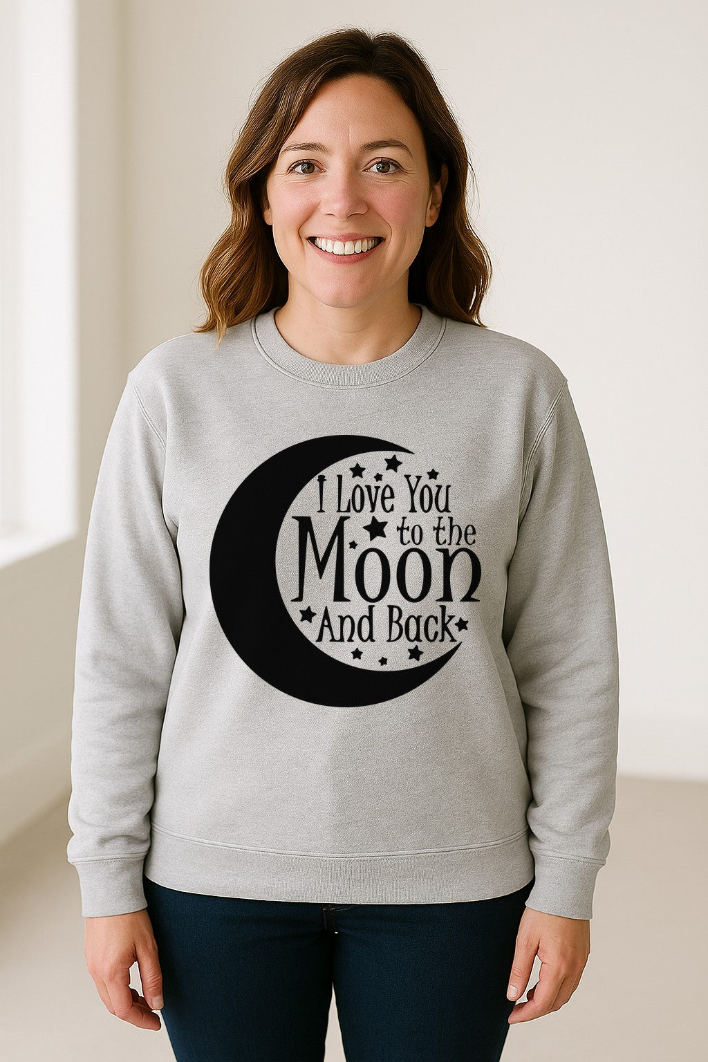 Valentine's Day Sweatshirt, I Love You to the Moon and Back Crescent with Stars