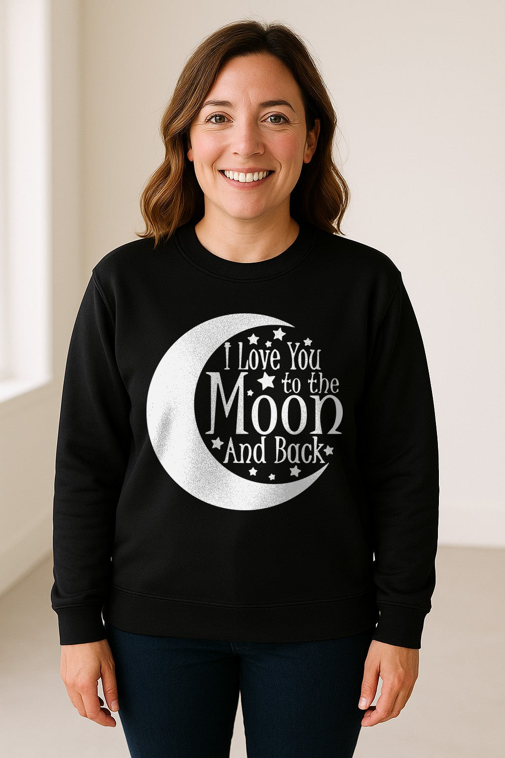 Valentine's Day Sweatshirt, I Love You to the Moon and Back Crescent with Stars