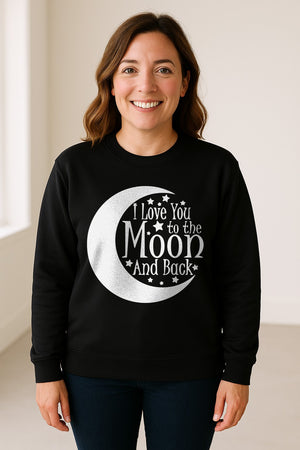 Valentine's Day Sweatshirt, I Love You to the Moon and Back Crescent with Stars
