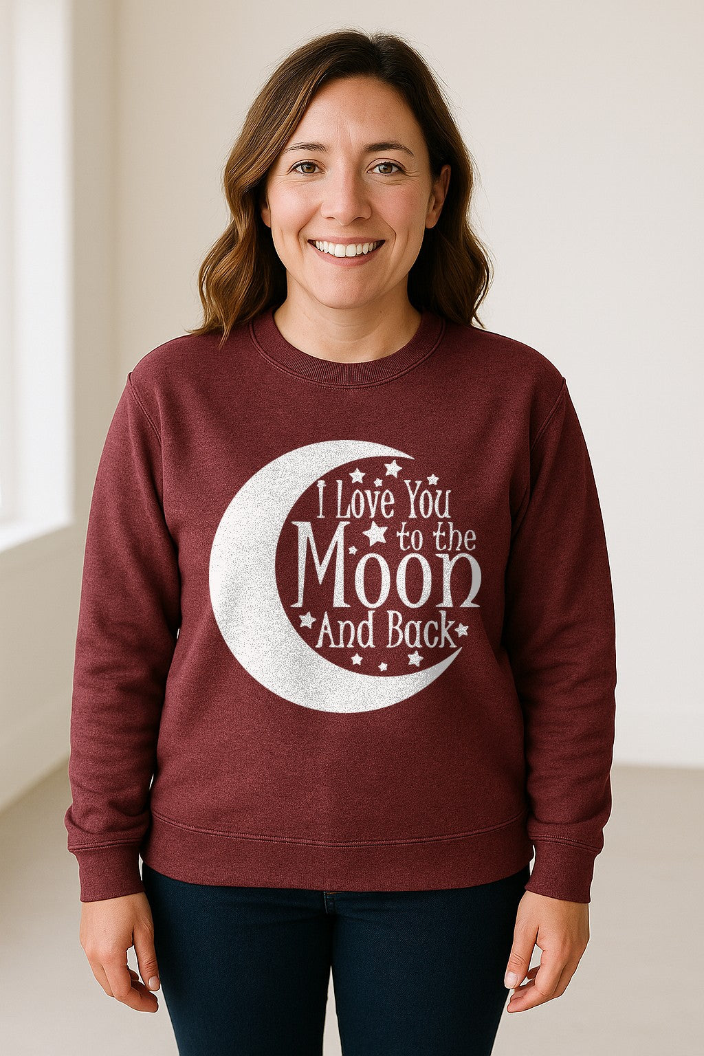 Valentine's Day Sweatshirt, I Love You to the Moon and Back Crescent with Stars
