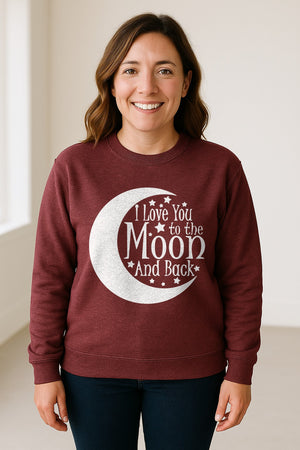 Valentine's Day Sweatshirt, I Love You to the Moon and Back Crescent with Stars