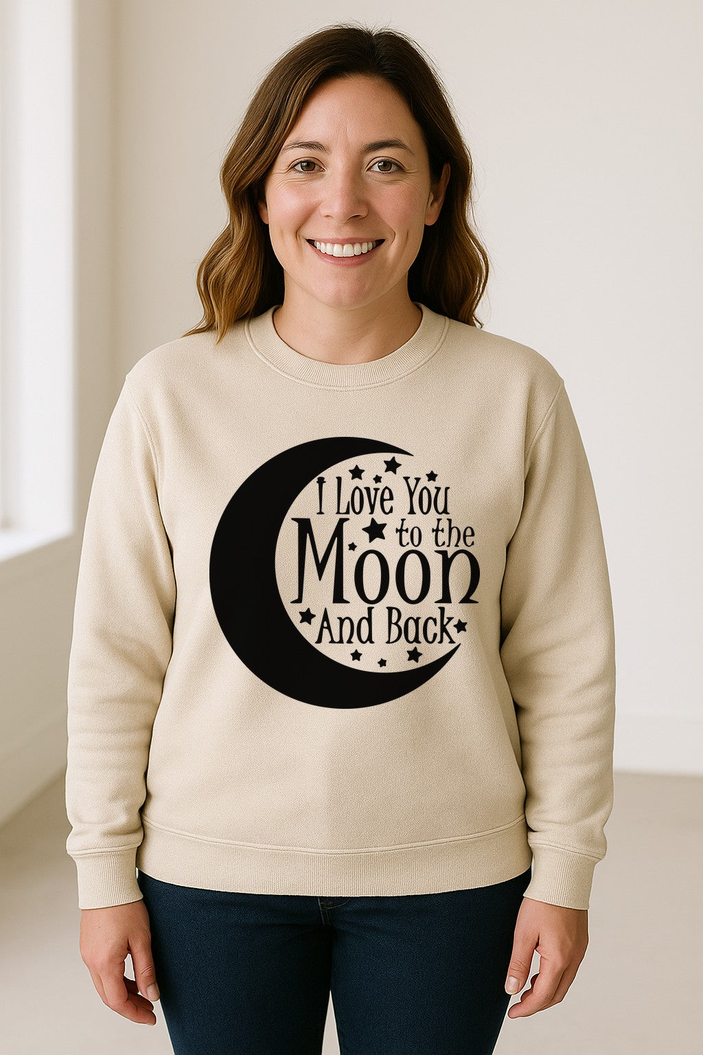 Valentine's Day Sweatshirt, I Love You to the Moon and Back Crescent with Stars