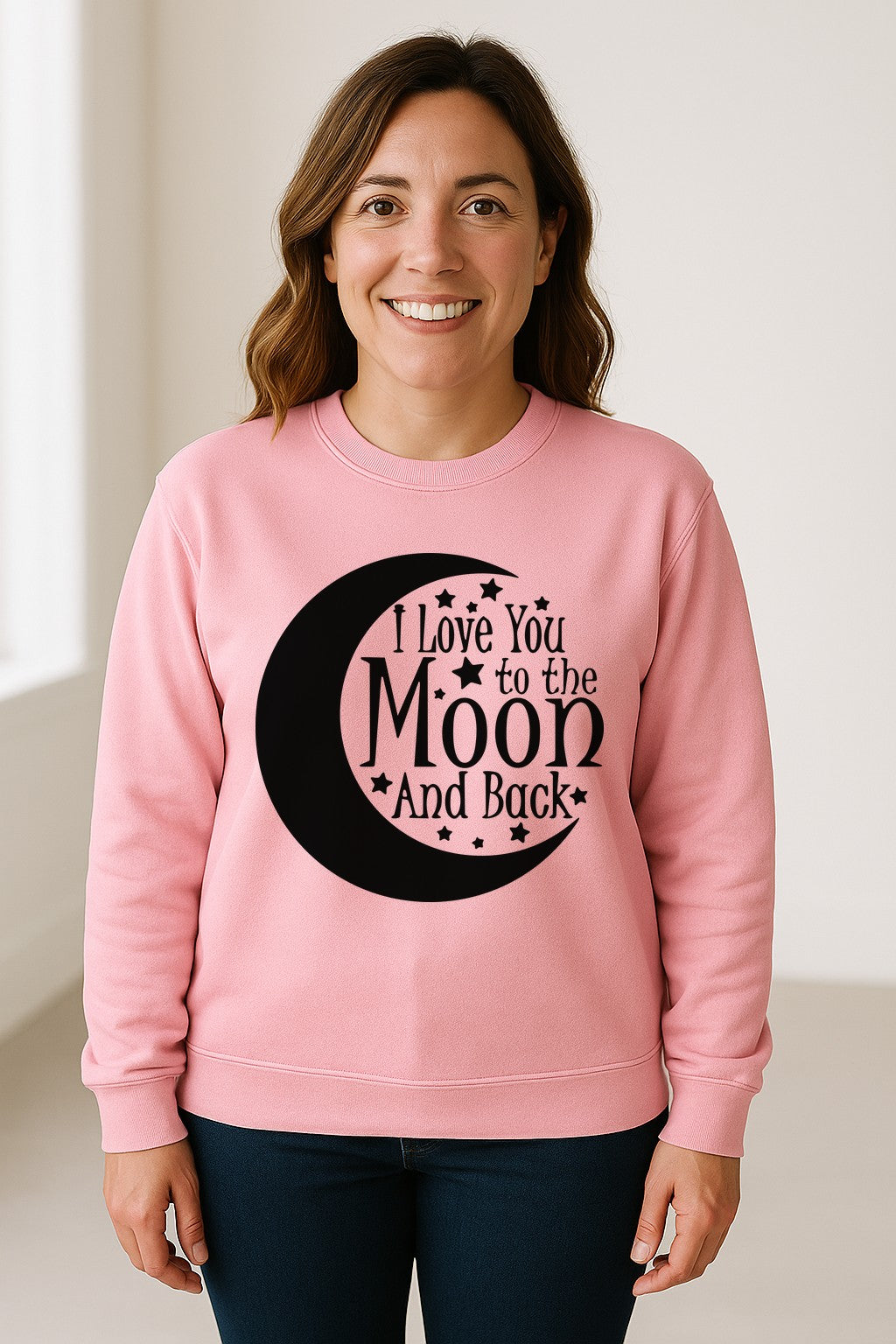 Valentine's Day Sweatshirt, I Love You to the Moon and Back Crescent with Stars