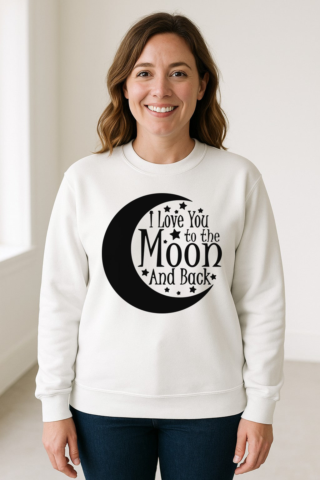 Valentine's Day Sweatshirt, I Love You to the Moon and Back Crescent with Stars