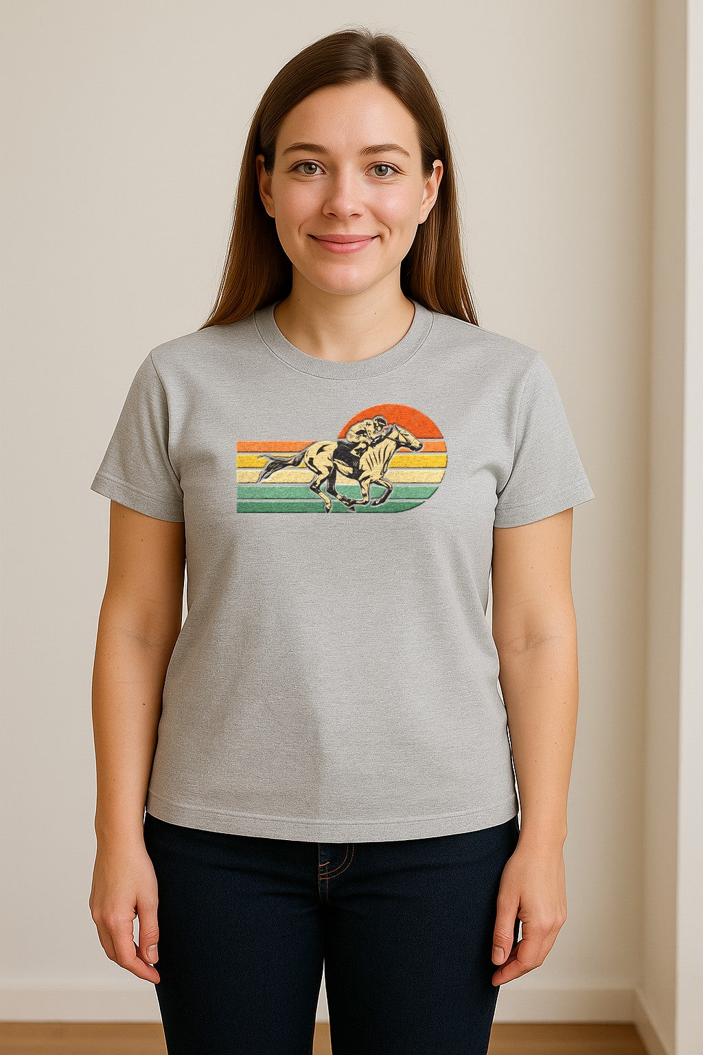 Horse Racing T-Shirt, Retro Jockey Sunset Graphic for Equestrian Fans, Derby Day and Racetrack Visits