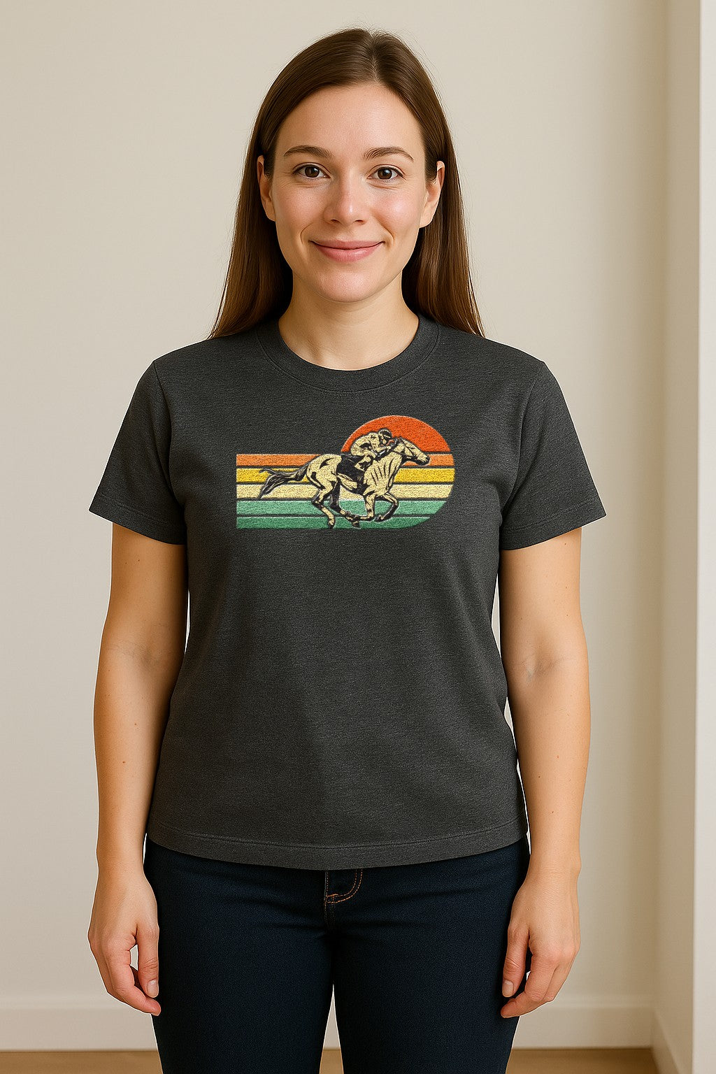 Horse Racing T-Shirt, Retro Jockey Sunset Graphic for Equestrian Fans, Derby Day and Racetrack Visits