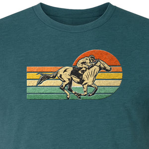 Horse Racing T-Shirt, Retro Jockey Sunset Graphic for Equestrian Fans, Derby Day and Racetrack Visits