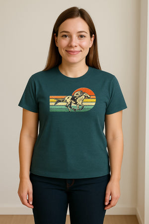 Horse Racing T-Shirt, Retro Jockey Sunset Graphic for Equestrian Fans, Derby Day and Racetrack Visits