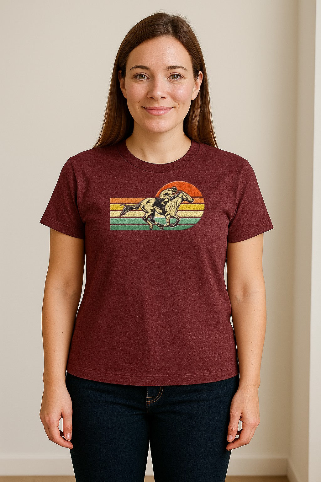 Horse Racing T-Shirt, Retro Jockey Sunset Graphic for Equestrian Fans, Derby Day and Racetrack Visits