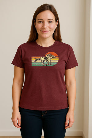 Horse Racing T-Shirt, Retro Jockey Sunset Graphic for Equestrian Fans, Derby Day and Racetrack Visits