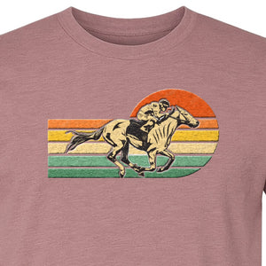 Horse Racing T-Shirt, Retro Jockey Sunset Graphic for Equestrian Fans, Derby Day and Racetrack Visits