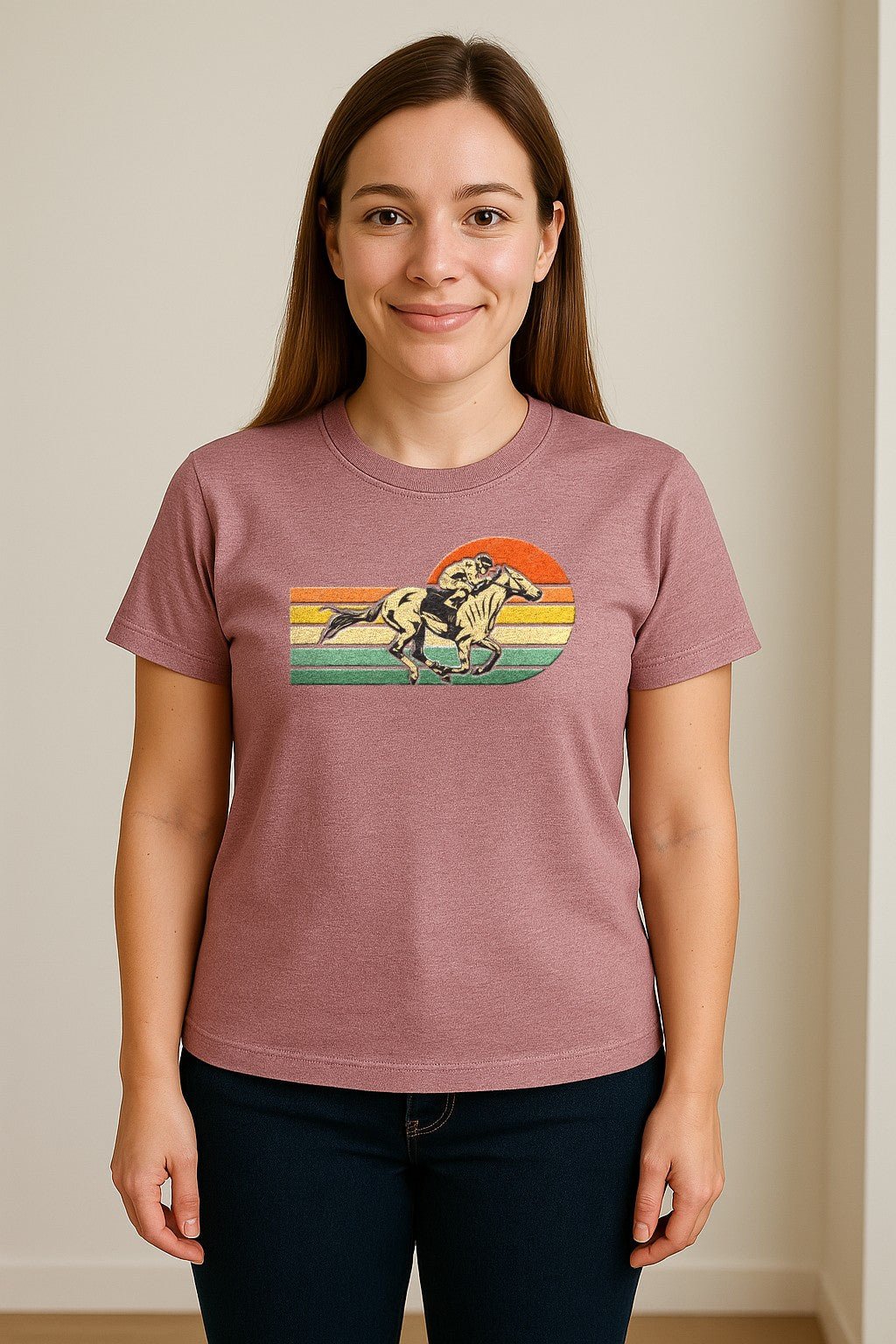 Horse Racing T-Shirt, Retro Jockey Sunset Graphic for Equestrian Fans, Derby Day and Racetrack Visits