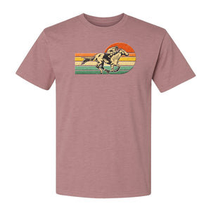 Horse Racing T-Shirt, Retro Jockey Sunset Graphic for Equestrian Fans, Derby Day and Racetrack Visits