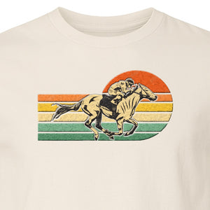Horse Racing T-Shirt, Retro Jockey Sunset Graphic for Equestrian Fans, Derby Day and Racetrack Visits