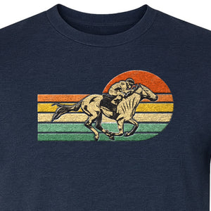 Horse Racing T-Shirt, Retro Jockey Sunset Graphic for Equestrian Fans, Derby Day and Racetrack Visits