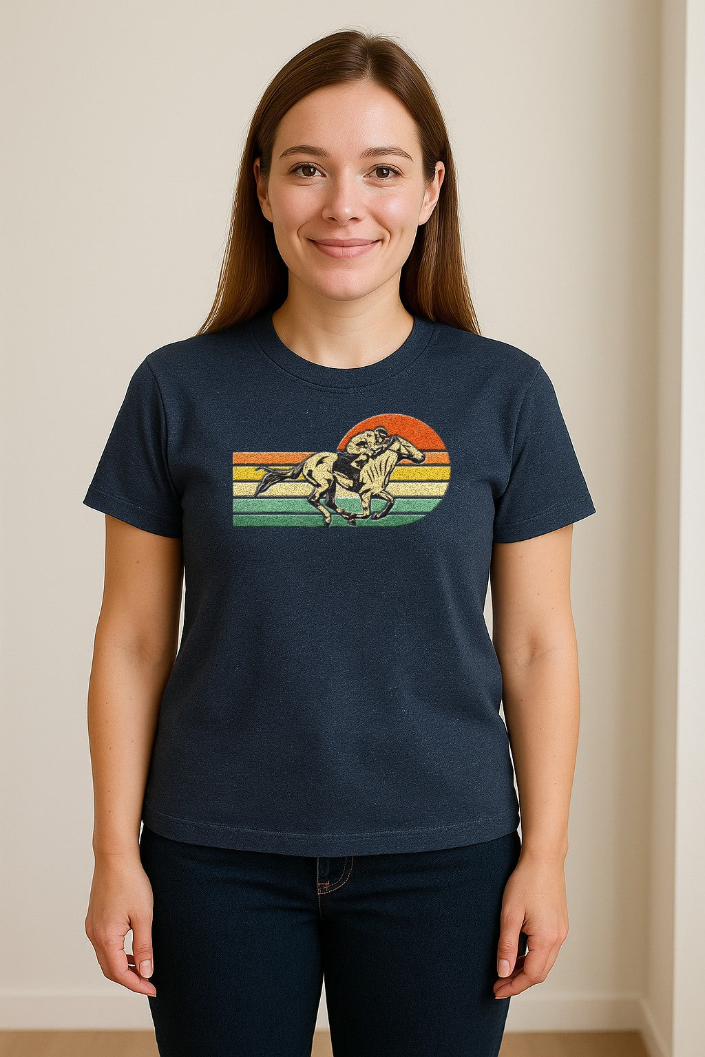 Horse Racing T-Shirt, Retro Jockey Sunset Graphic for Equestrian Fans, Derby Day and Racetrack Visits