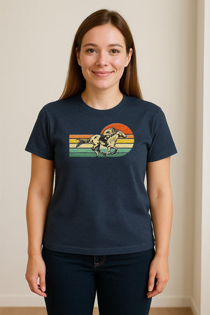 Horse Racing T-Shirt, Retro Jockey Sunset Graphic for Equestrian Fans, Derby Day and Racetrack Visits