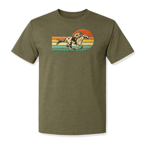 Horse Racing T-Shirt, Retro Jockey Sunset Graphic for Equestrian Fans, Derby Day and Racetrack Visits