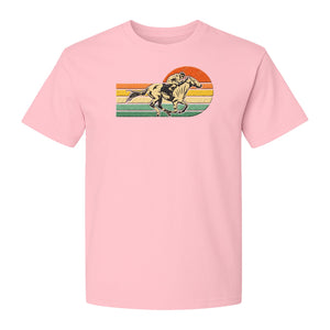 Horse Racing T-Shirt, Retro Jockey Sunset Graphic for Equestrian Fans, Derby Day and Racetrack Visits