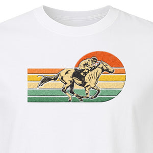 Horse Racing T-Shirt, Retro Jockey Sunset Graphic for Equestrian Fans, Derby Day and Racetrack Visits