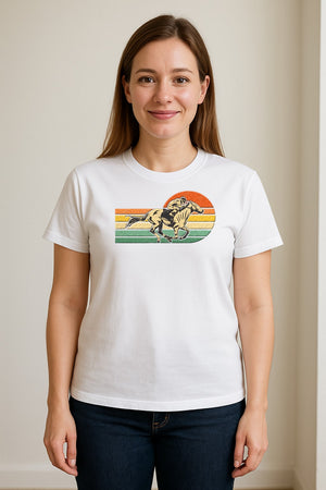 Horse Racing T-Shirt, Retro Jockey Sunset Graphic for Equestrian Fans, Derby Day and Racetrack Visits