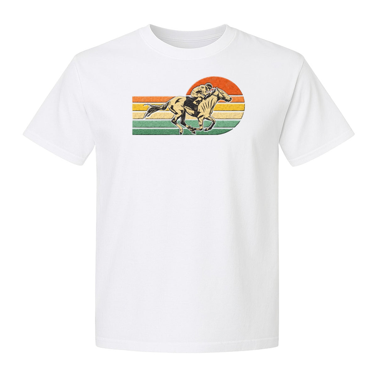 Horse Racing T-Shirt, Retro Jockey Sunset Graphic for Equestrian Fans, Derby Day and Racetrack Visits
