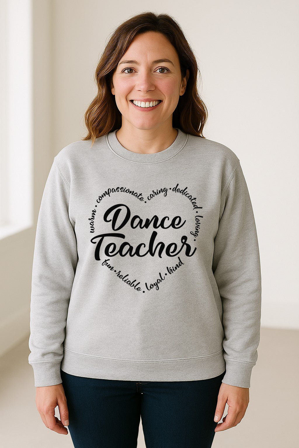 Dance Teacher Sweatshirt, Script Lettering in Heart Word Ring for Studio Educators and Recital Gifts