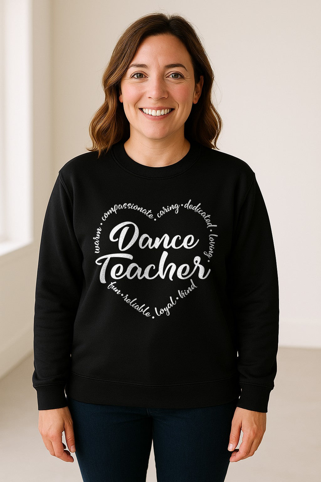 Dance Teacher Sweatshirt, Script Lettering in Heart Word Ring for Studio Educators and Recital Gifts