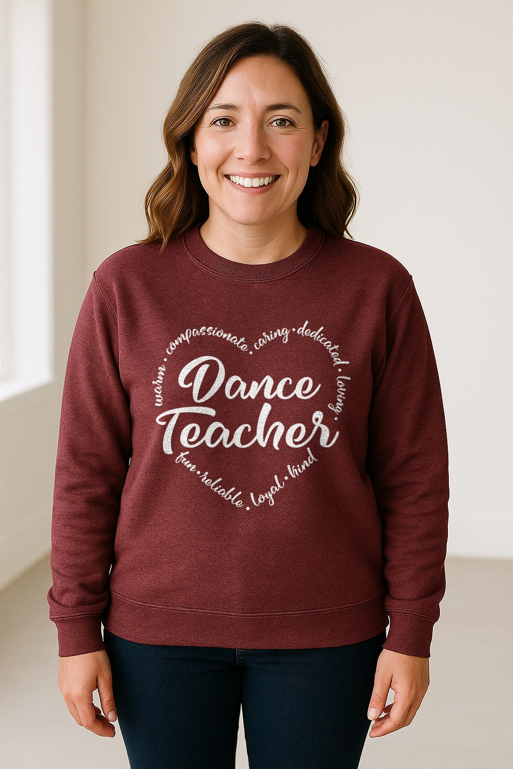 Dance Teacher Sweatshirt, Script Lettering in Heart Word Ring for Studio Educators and Recital Gifts