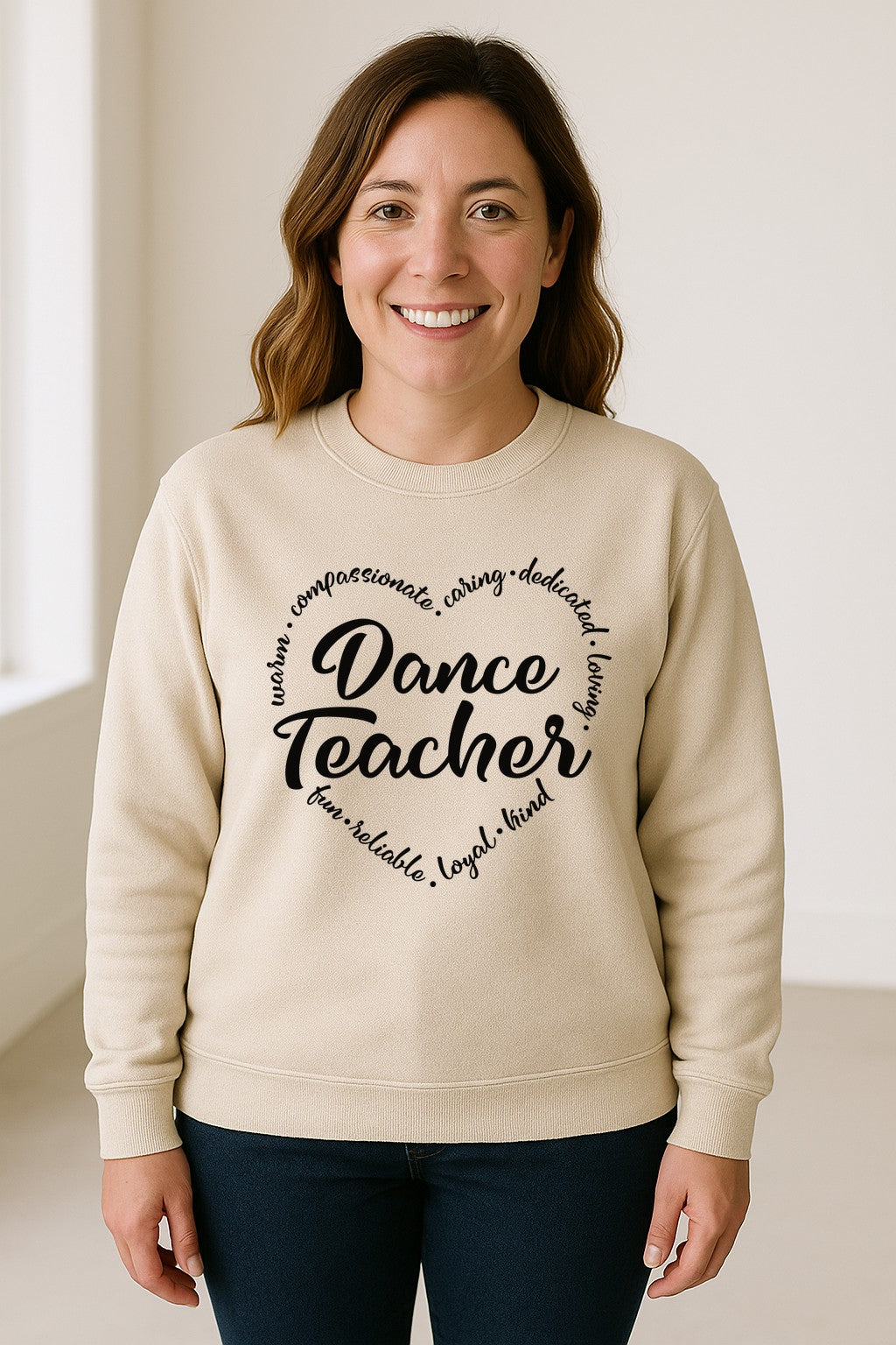 Dance Teacher Sweatshirt, Script Lettering in Heart Word Ring for Studio Educators and Recital Gifts