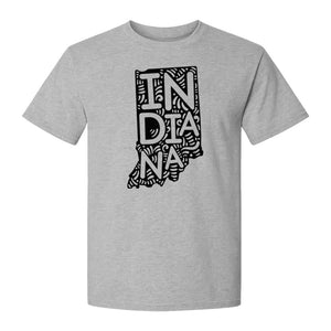 Indiana Retro Doodle State Map T-Shirt, Hometown Pride and Travel Souvenir Design