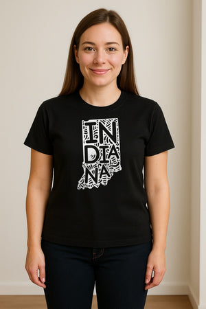 Indiana Retro Doodle State Map T-Shirt, Hometown Pride and Travel Souvenir Design