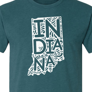 Indiana Retro Doodle State Map T-Shirt, Hometown Pride and Travel Souvenir Design