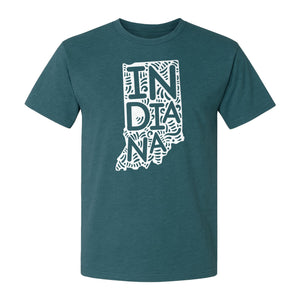 Indiana Retro Doodle State Map T-Shirt, Hometown Pride and Travel Souvenir Design
