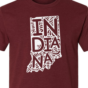 Indiana Retro Doodle State Map T-Shirt, Hometown Pride and Travel Souvenir Design