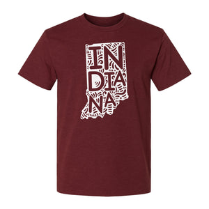 Indiana Retro Doodle State Map T-Shirt, Hometown Pride and Travel Souvenir Design