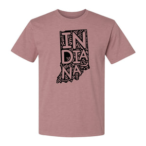 Indiana Retro Doodle State Map T-Shirt, Hometown Pride and Travel Souvenir Design
