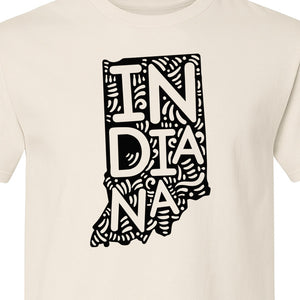 Indiana Retro Doodle State Map T-Shirt, Hometown Pride and Travel Souvenir Design