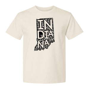 Indiana Retro Doodle State Map T-Shirt, Hometown Pride and Travel Souvenir Design