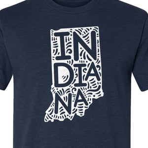 Indiana Retro Doodle State Map T-Shirt, Hometown Pride and Travel Souvenir Design