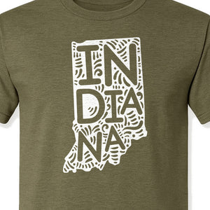 Indiana Retro Doodle State Map T-Shirt, Hometown Pride and Travel Souvenir Design