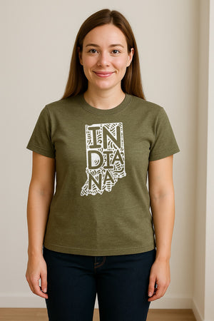 Indiana Retro Doodle State Map T-Shirt, Hometown Pride and Travel Souvenir Design