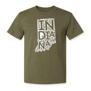 Indiana Retro Doodle State Map T-Shirt, Hometown Pride and Travel Souvenir Design